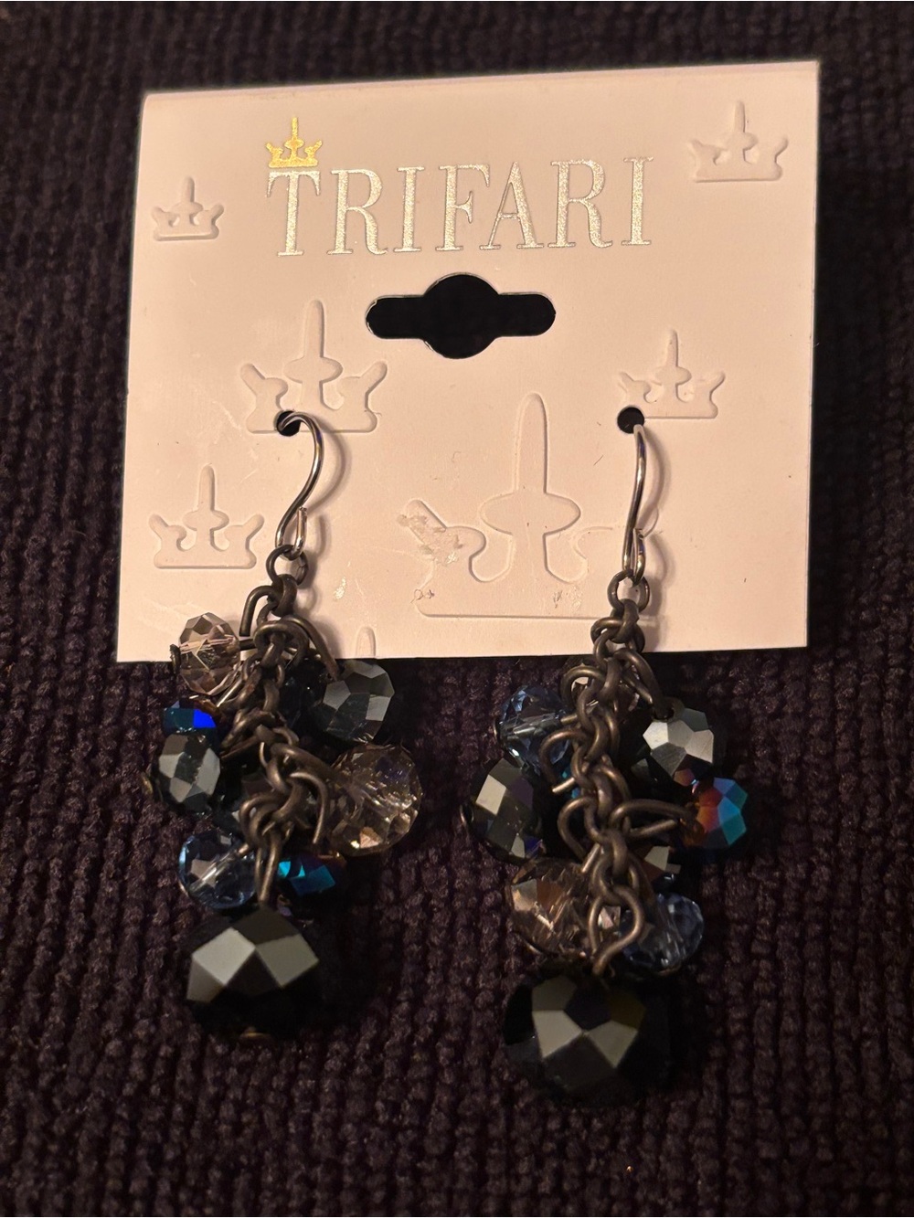 Vintage Trifari Navy Blue and Black Cluster Dangle Earrings New